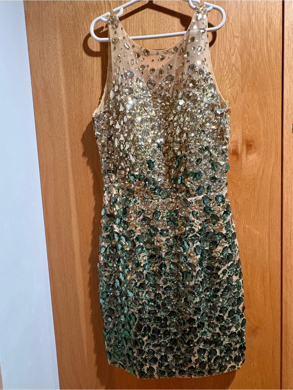 Alexia Designs Gold and Green Jeweled Prom Dress